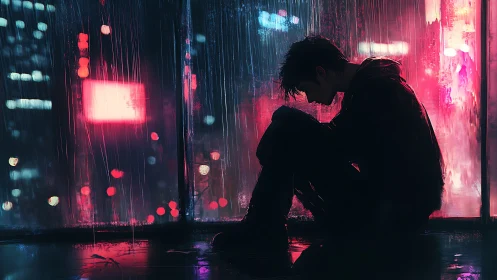 Solitary silhouette beside neon city window in rain-soaked night.