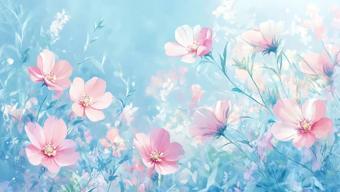 Pink cosmos flowers blooming against soft blue gradient background