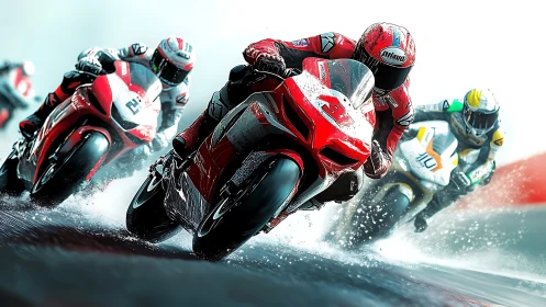 Motorcycle racers lean into wet corner at high racing speed