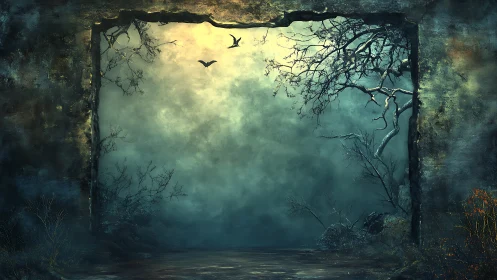 Threshold fogscape with eroded frame and skeletal trees.