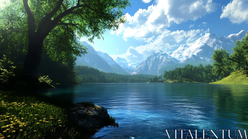 Sunlit alpine lake framed by lush forest and peaks.