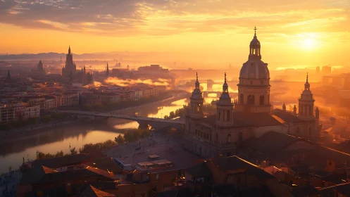 Golden hour skyline captures domed cathedral over river city