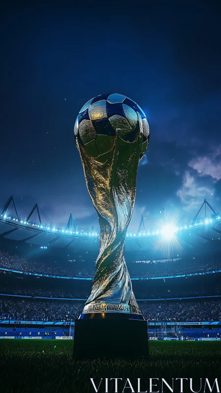 Glowing soccer trophy rises under bright stadium lights.