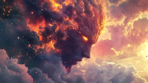 Fiery cosmic titan emerges from storm-swept heavens.