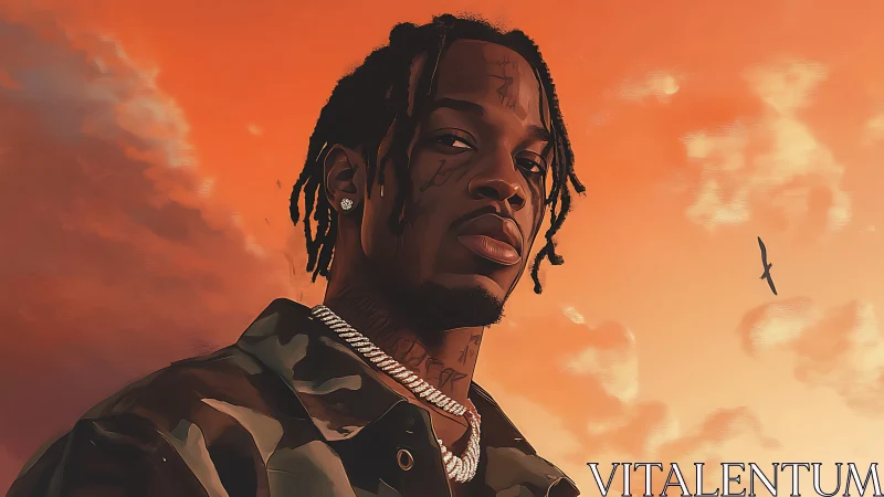 Man in camouflage jacket stares forward under orange sky