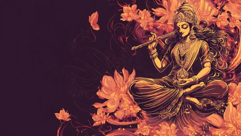 Floral cosmic goddess in meditative bloom of molten gold.