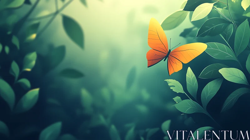 Vibrant orange butterfly in lush green forest, digital art style.