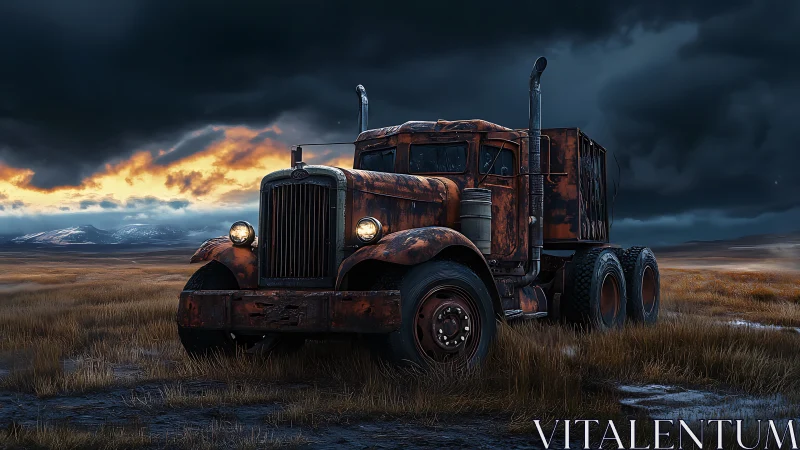 Rusted semi truck stands in stormy tundra under dramatic sky