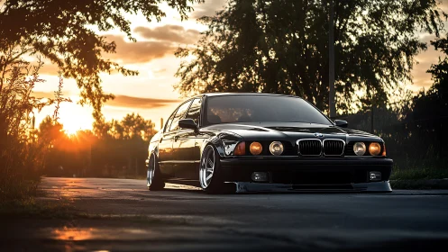 Low-slung black sedan on suburban road at sunset time.