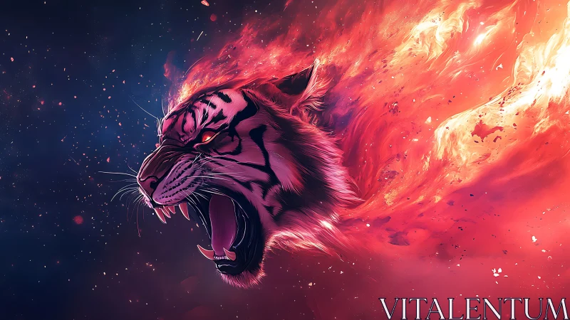 Cosmic tiger head erupts through fiery nebula backdrop.