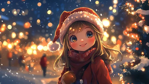 Snowlit child lets Christmas lights dance in her eyes