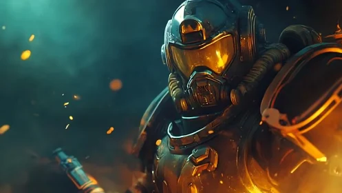 Armored sci fi soldier stands in glowing embers and smoke