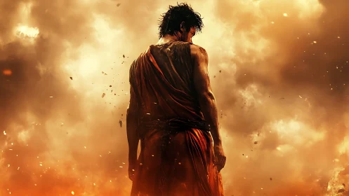 Solitary figure stands amid dense flames and smoke plume