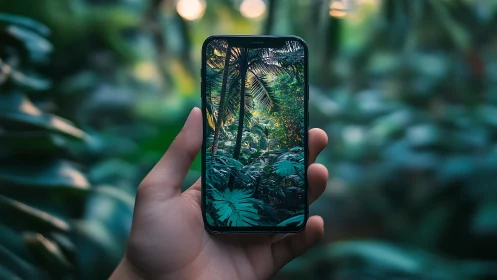 Optical depth-of-field study with phone-framed jungle scene.