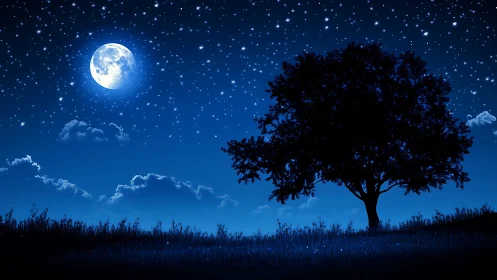 Lunar-illuminated tree silhouette under dense stellar field.