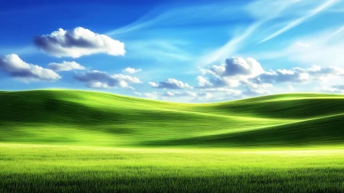 Sunlit rolling green hills stretch beneath vivid blue skies.