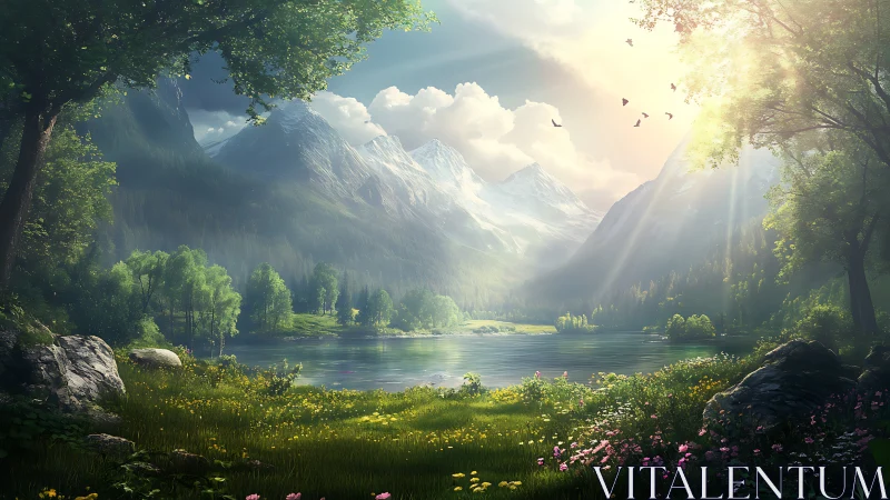 Sunlit mountain lake wrapped in peaceful wildflower meadow.