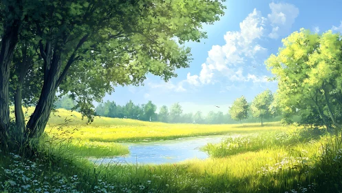 Sunlit river meadow opens under bright summer sky