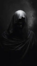 Hooded dark figure shrouded in smoke and deep shadow.