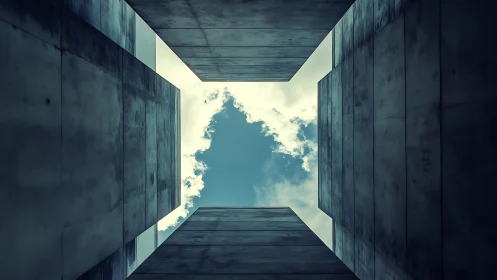 Geometric concrete courtyard framing rectangular sky opening.