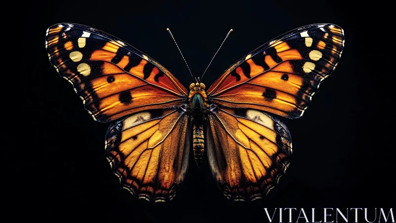 Orange and black butterfly wings spread on dark background