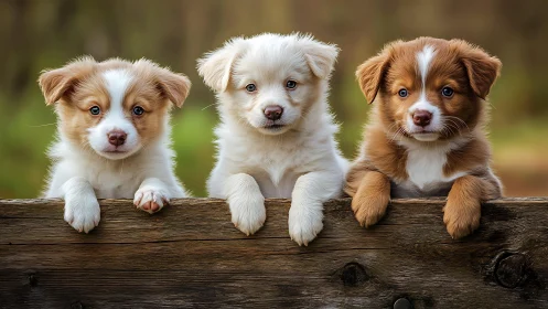Three fluffy shepherd puppies over rustic wooden fence.