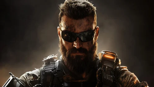 Battle-hardened cyber soldier lit by molten dusk fire.