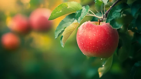 Sunlit orchard jewel, dewy red apple in soft green hush.