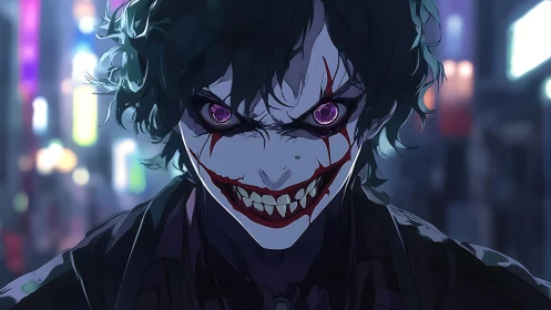 Anime-style figure with distorted grin in urban night scene.