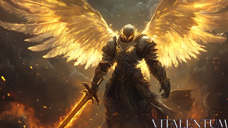Armored seraph warrior with luminous flaming wings and sword poised