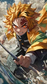 Flame eyed warrior carves lightning streaks across the sea