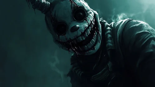Grinning skeletal mask figure in dark teal atmospheric scene.