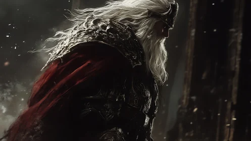 Weathered fantasy king walking through a storm of memory.