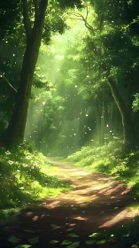 Luminous Forest Pathway with Ethereal Light Particles Penetrating Canopy