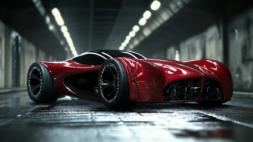 Futuristic red concept car parked in a wet tunnel environment