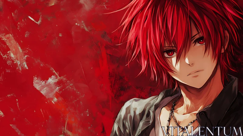Red haired anime boy against intense abstract red field.