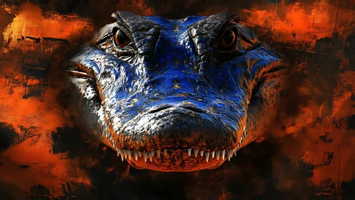 Blue reptilian predator head over molten orange haze.