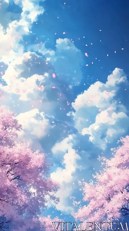 Vertical digital view shows clouds framed by pink trees