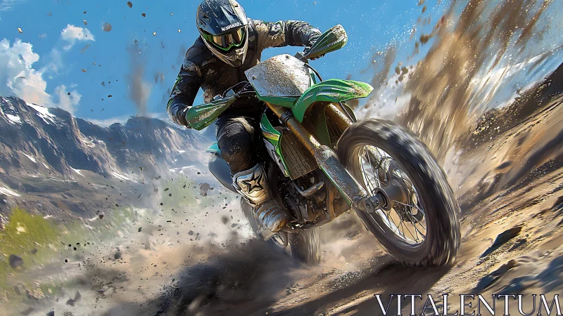 Mountain dirt rider slinging thunderous gravel confetti.