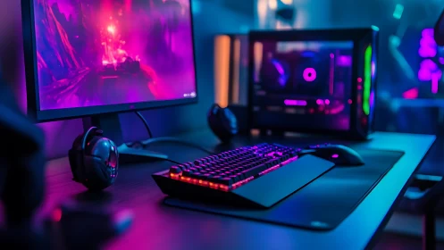 RGB-lit gaming workstation with widescreen monitor and tempered-glass PC