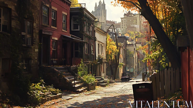 Autumn light softens quiet cobblestone city backstreet