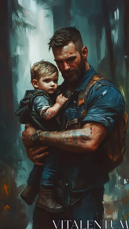 Battle-scarred guardian cradles storm-eyed toddler close.