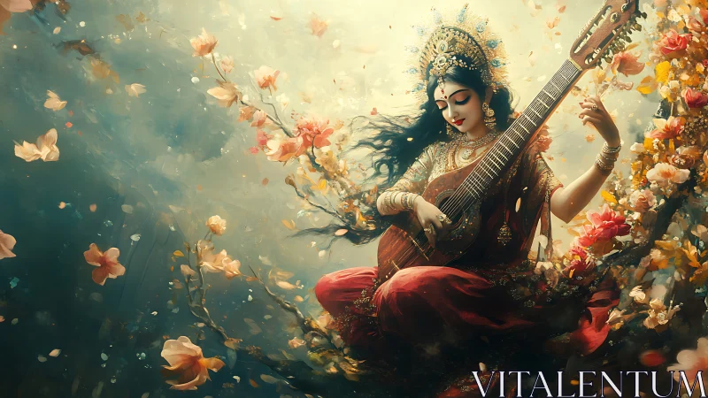 Divine musician goddess amid swirling blossoms and light.