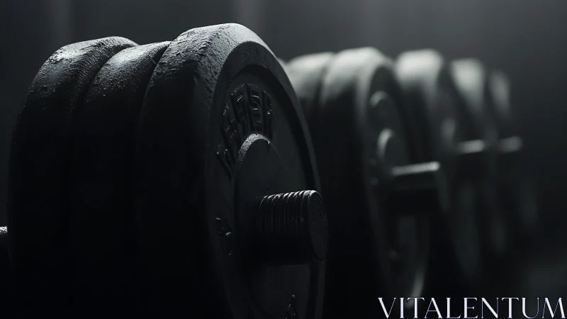 Steel dumbbell lineup broods in moody gym shadows.