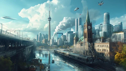 Futuristic city skyline blends historic station and transit lines.