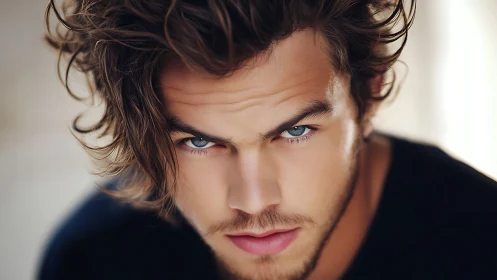 Close-up portrait of intense young man with blue eyes.