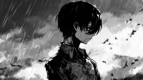 Rain-soaked anime boy stands alone beneath a stormy sky