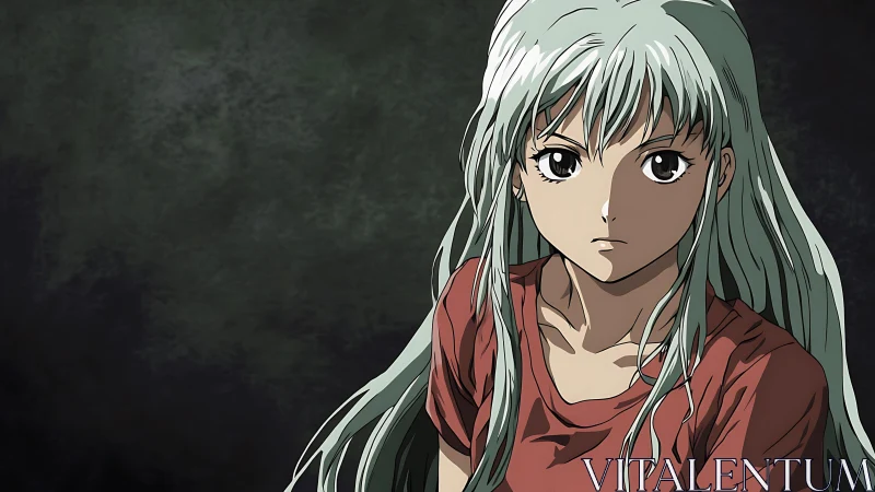 Silver haired anime girl in red shirt on dark background.
