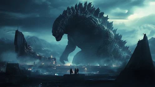 Colossal reptilian creature over misty futuristic harbor.