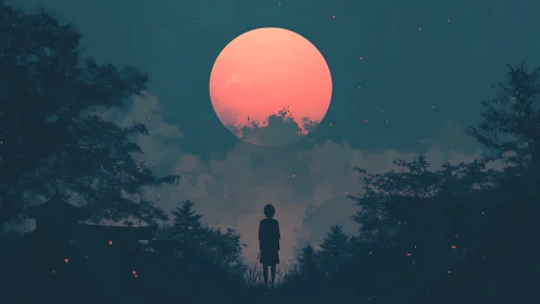 Backlit silhouette studies lunar scale under saturated crimson moon